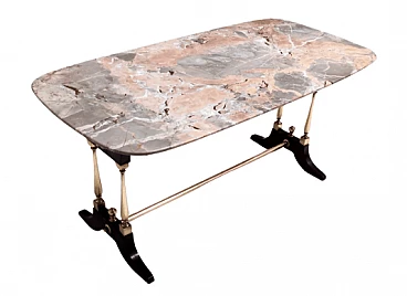 Tavolino in faggio, metallo, ottone e marmo Breccia Pernice, anni '60