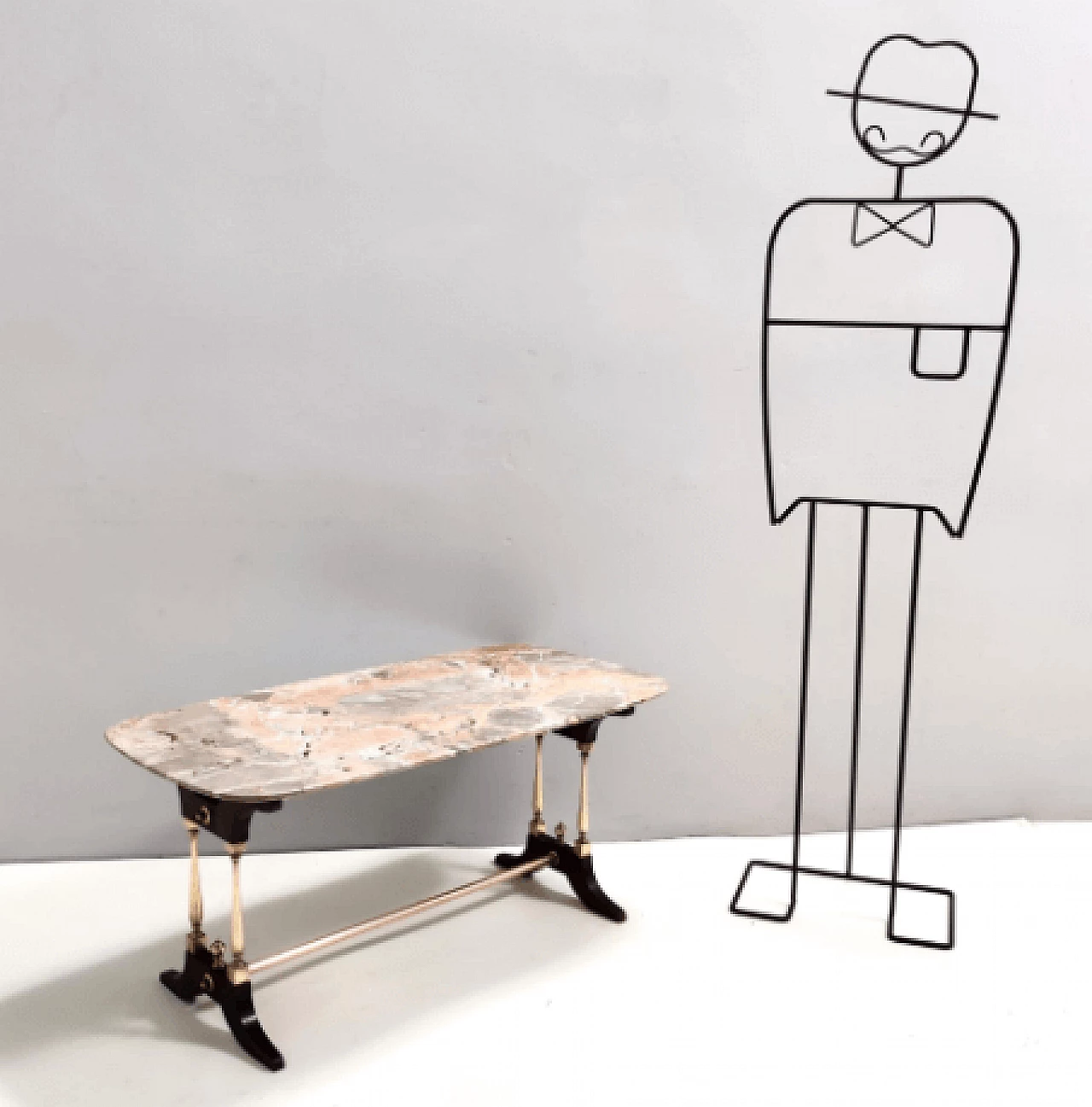 Beech, metal, brass and Breccia Pernice marble coffee table, 1960s 2