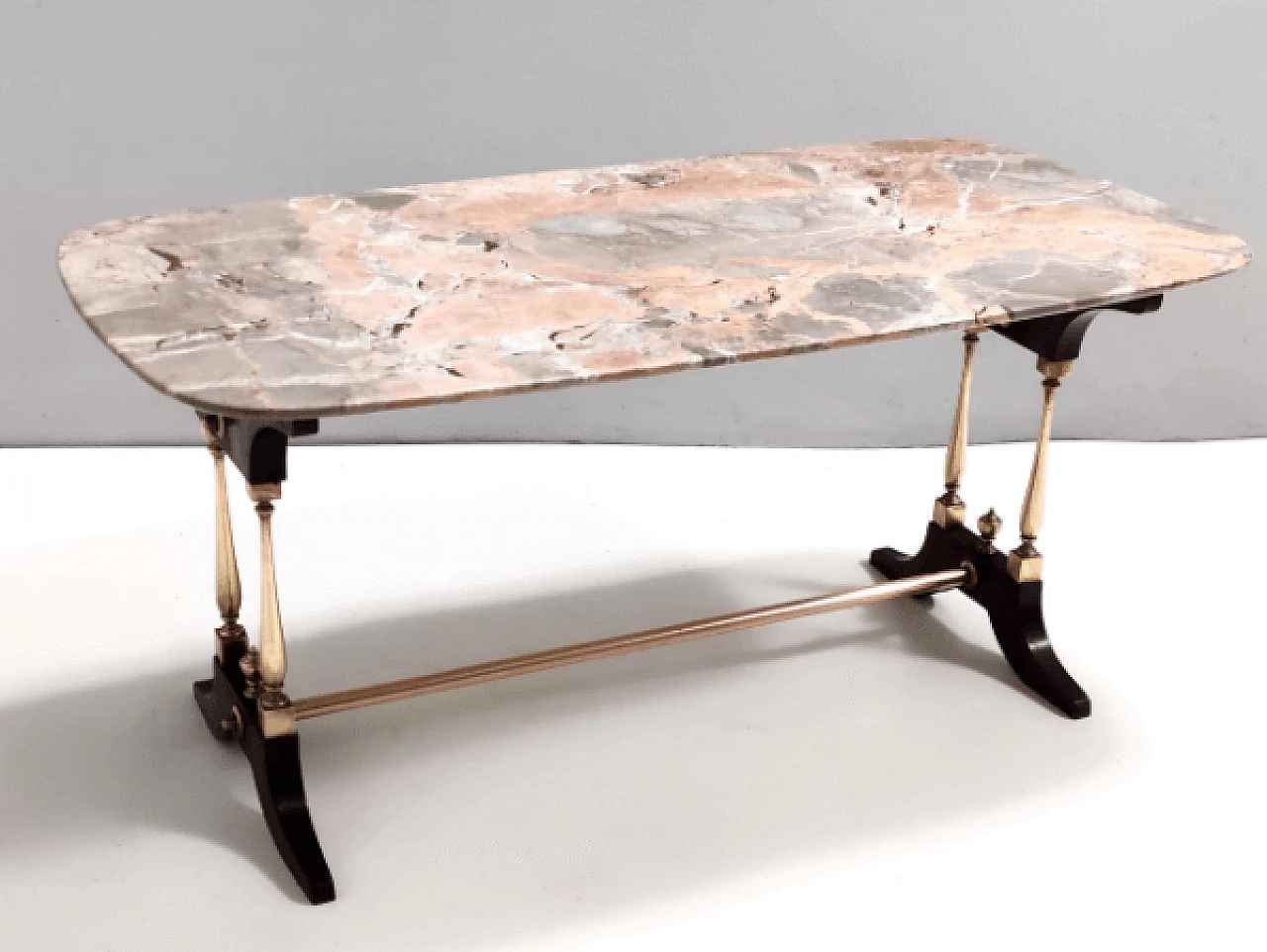 Beech, metal, brass and Breccia Pernice marble coffee table, 1960s 4
