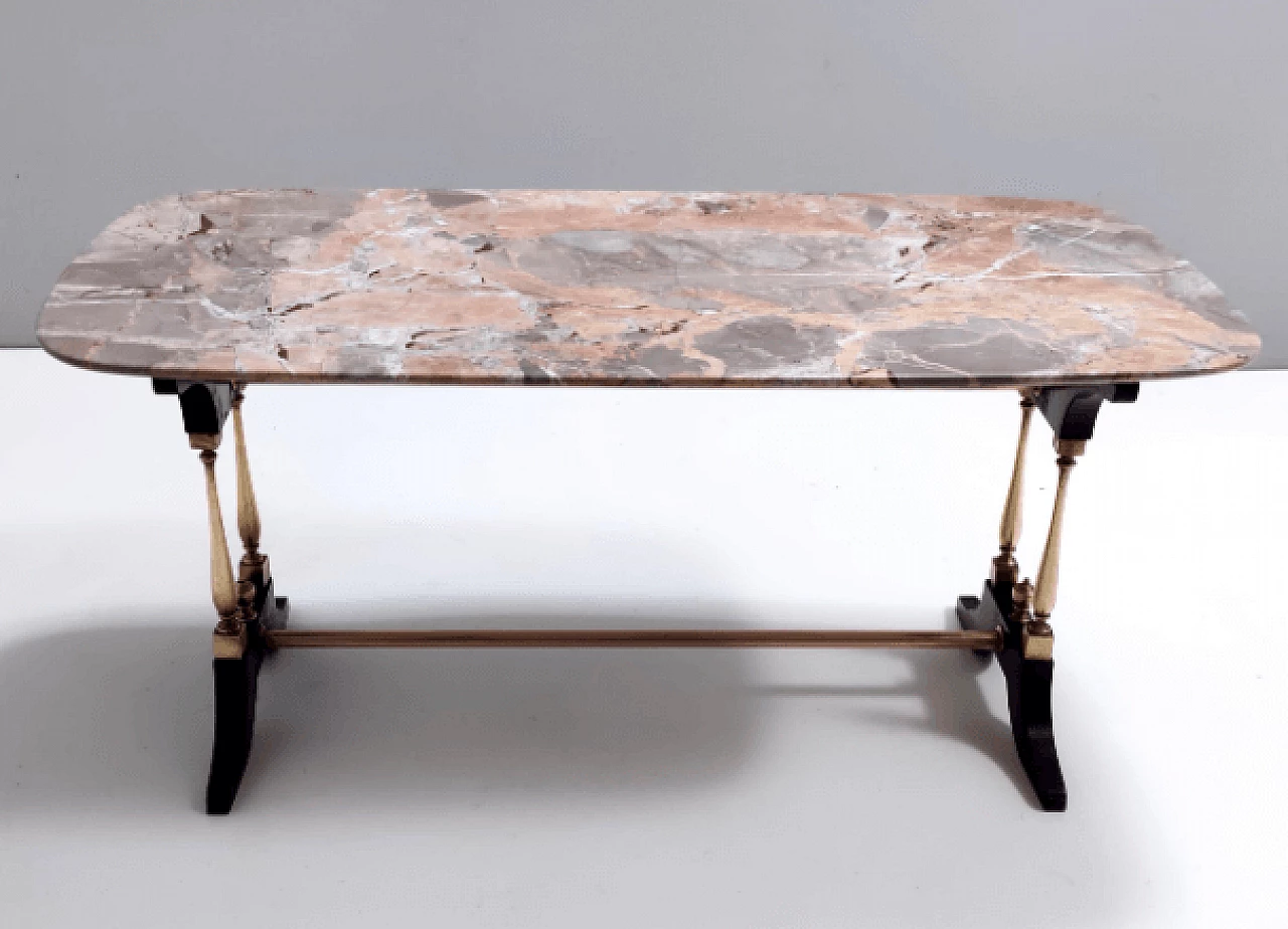 Beech, metal, brass and Breccia Pernice marble coffee table, 1960s 5