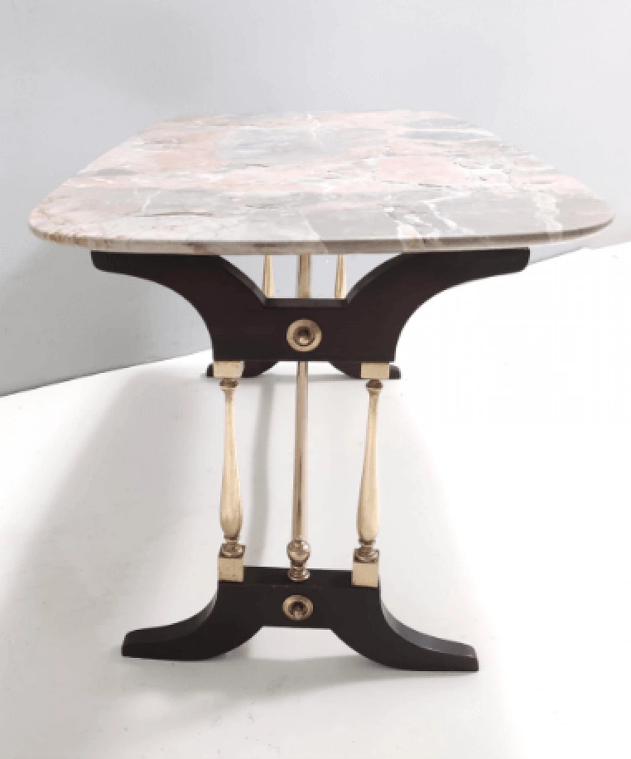 Beech, metal, brass and Breccia Pernice marble coffee table, 1960s 6