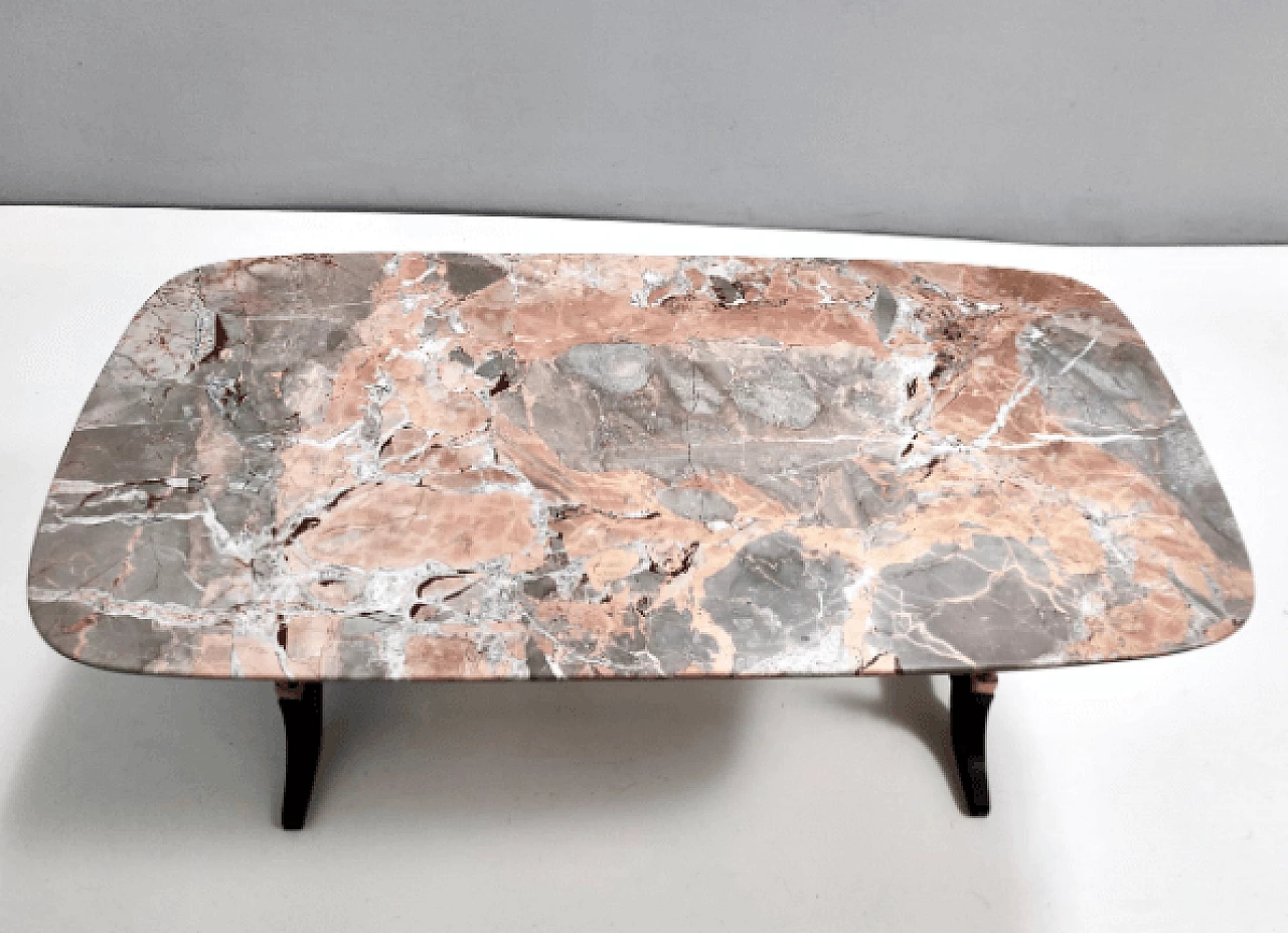 Beech, metal, brass and Breccia Pernice marble coffee table, 1960s 7