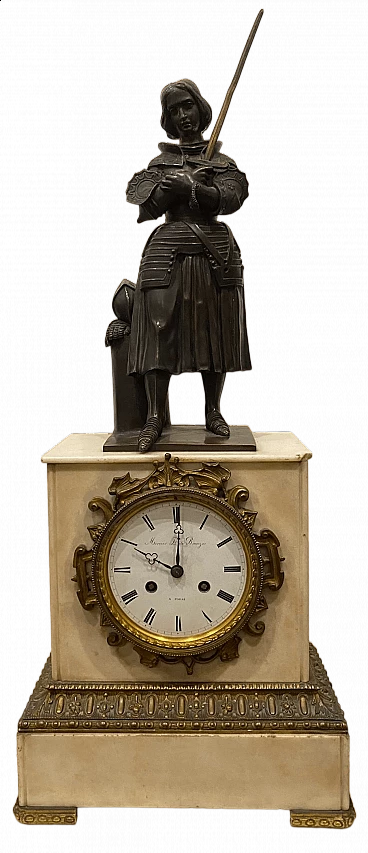 Alabaster and bronze clock with sculpture of Joan of Arc, early 20th century