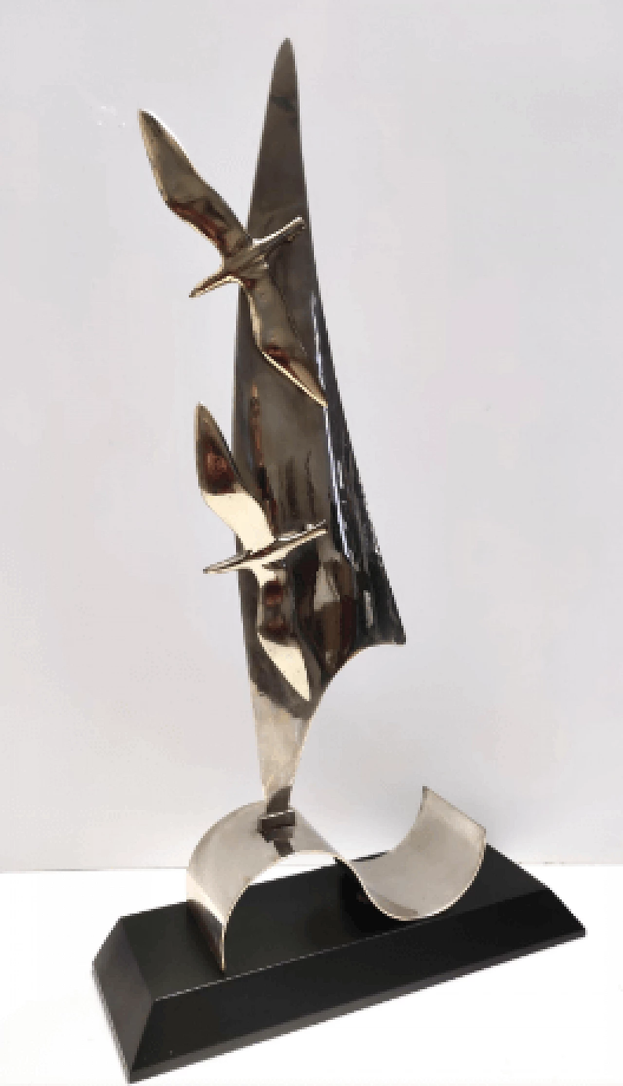 Nickel-plated brass sailboat and seagulls sculpture, 1940s 4