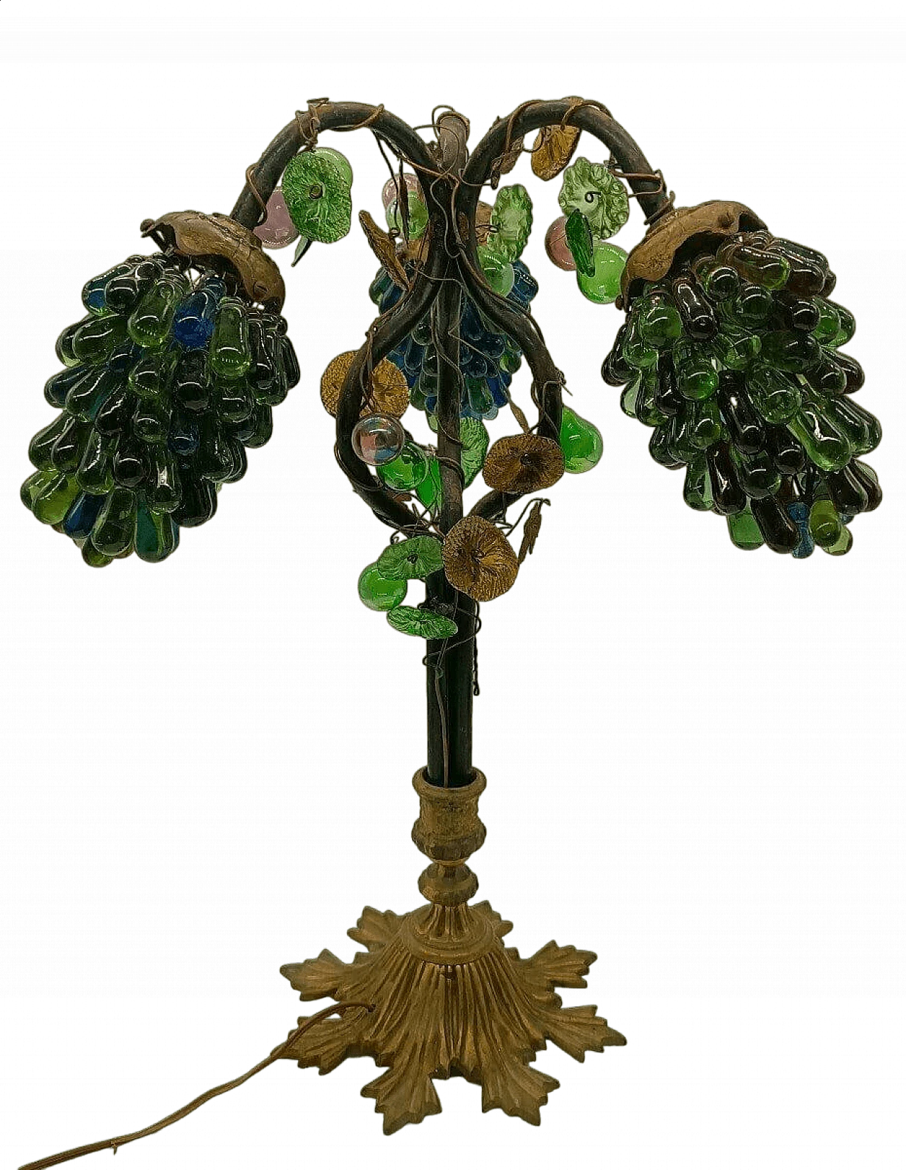 Lampada da tavolo Liberty con paralume in vetro di Murano a forma di grappoli d'uva, inizio '900 5