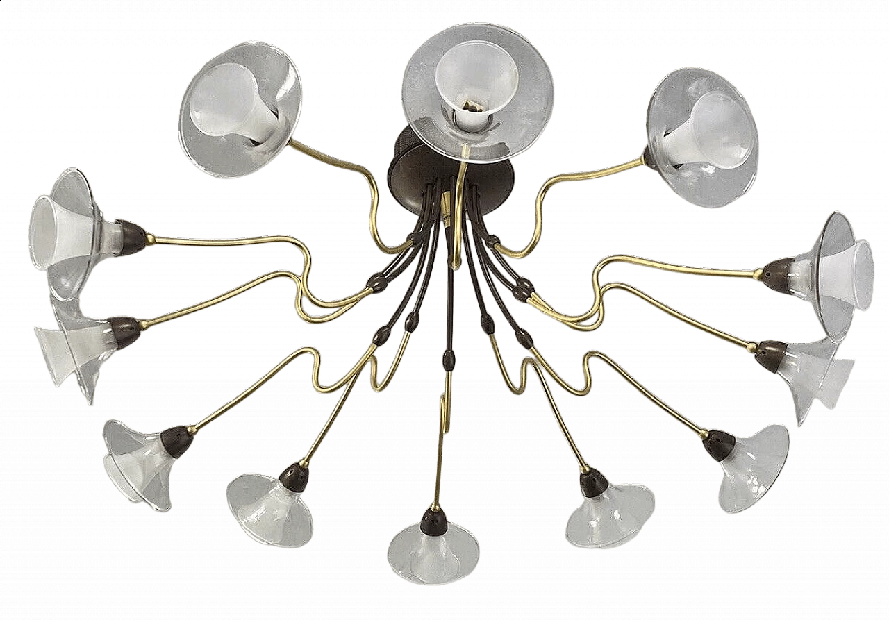 Metallux, lampadario in vetro e metallo a 12 luci, anni '70 8