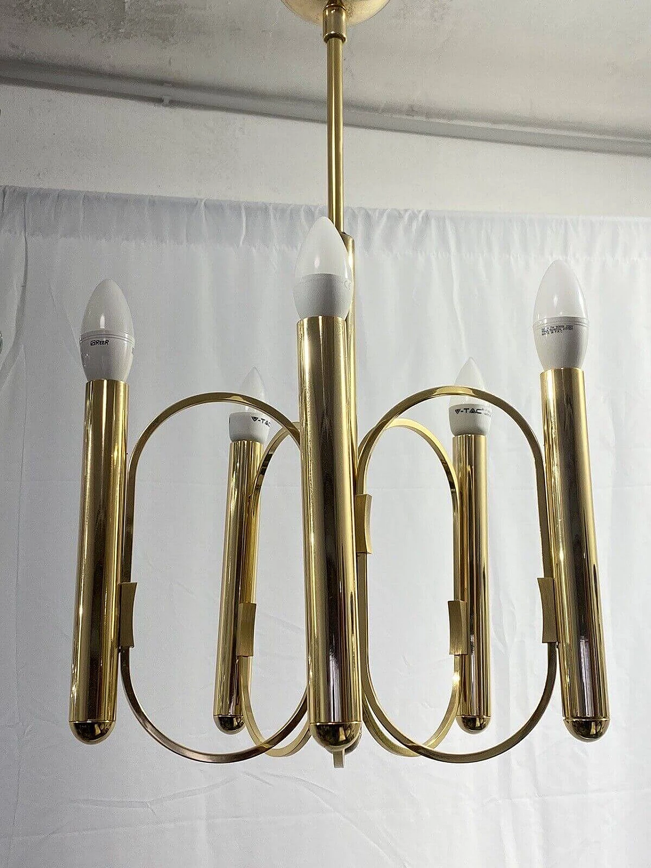 Lampadario in ottone a 5 luci di Gaetano Sciolari, metà '900 4