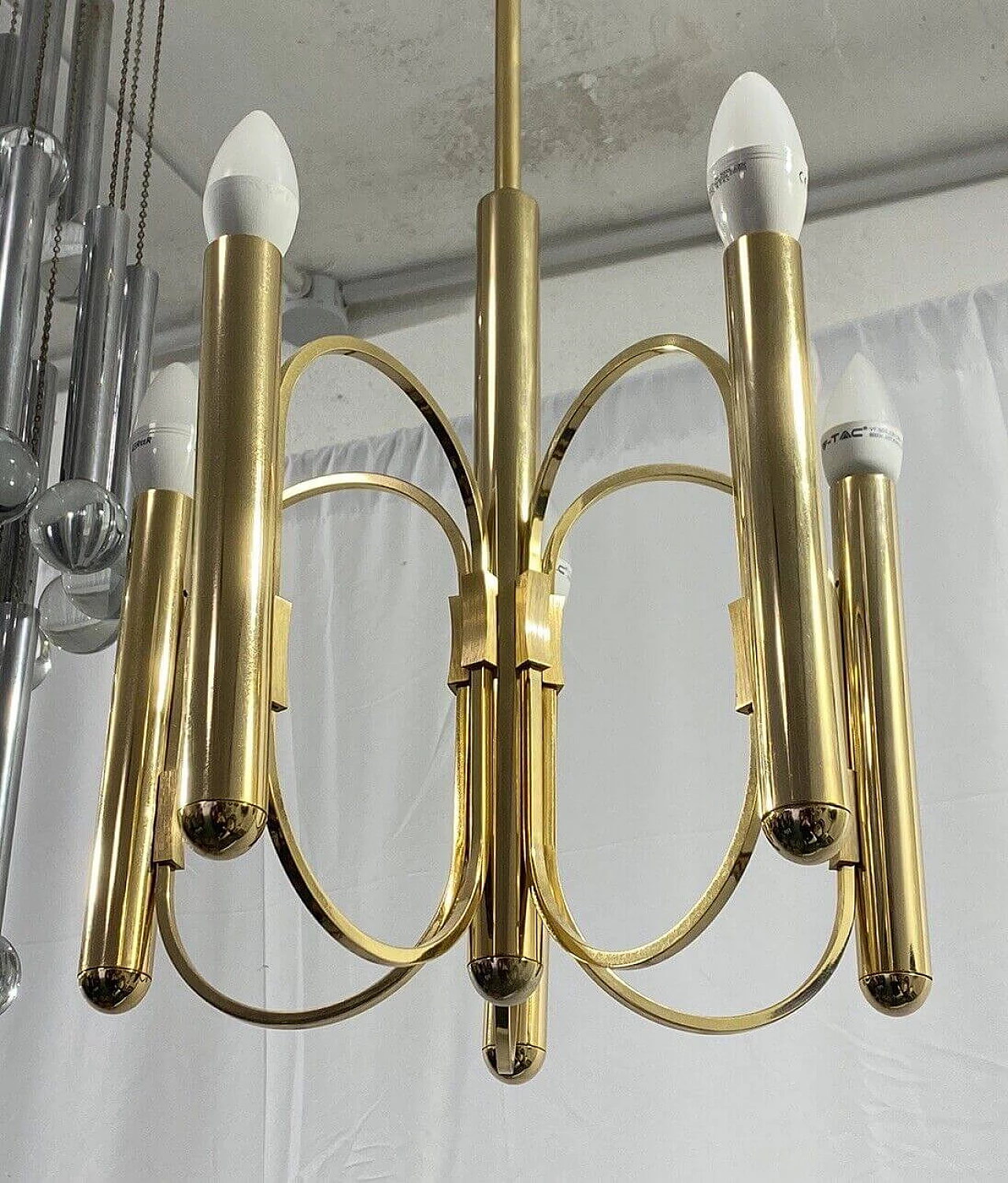 Lampadario in ottone a 5 luci di Gaetano Sciolari, metà '900 6