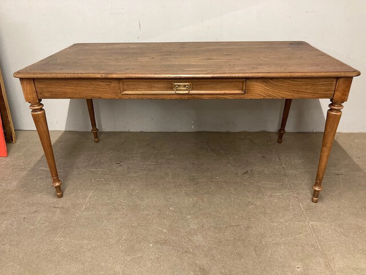 Louis Philippe solid oak table with drawer, 19th century 4