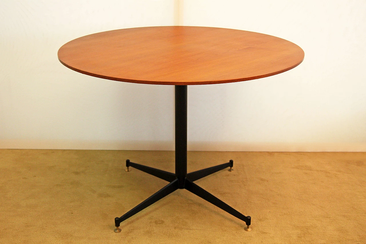 Round black steel and teak veneered wood table, 1960s 1