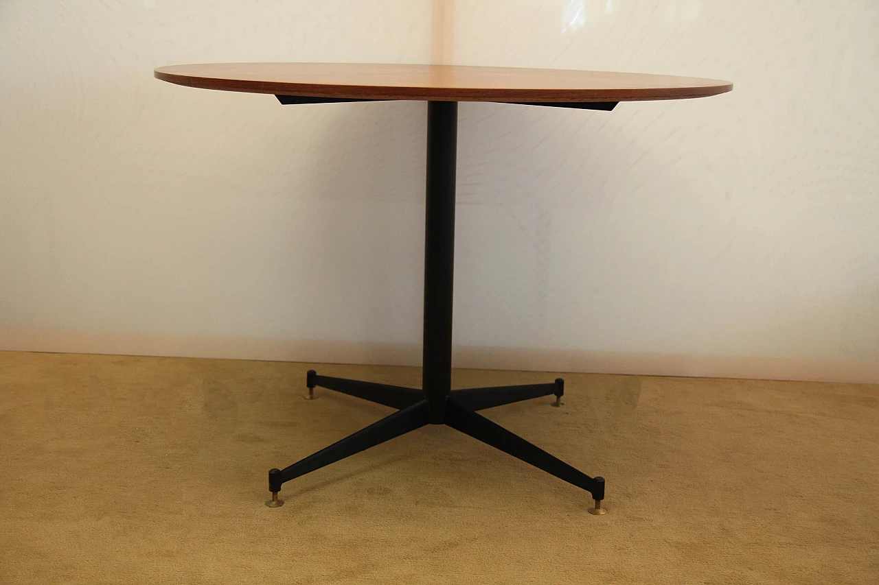 Round black steel and teak veneered wood table, 1960s 2