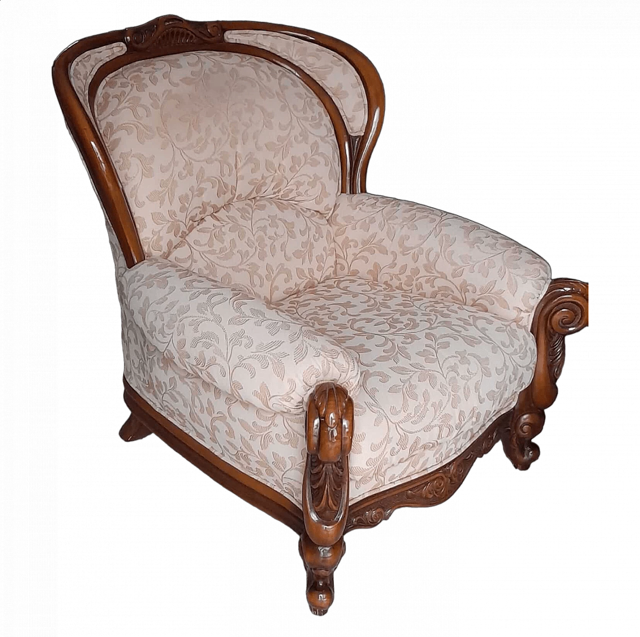 Wood and powder-pink damask fabric armchair, 1950s 10