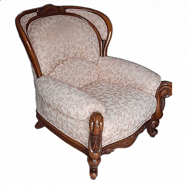 Wood and powder-pink damask fabric armchair, 1950s