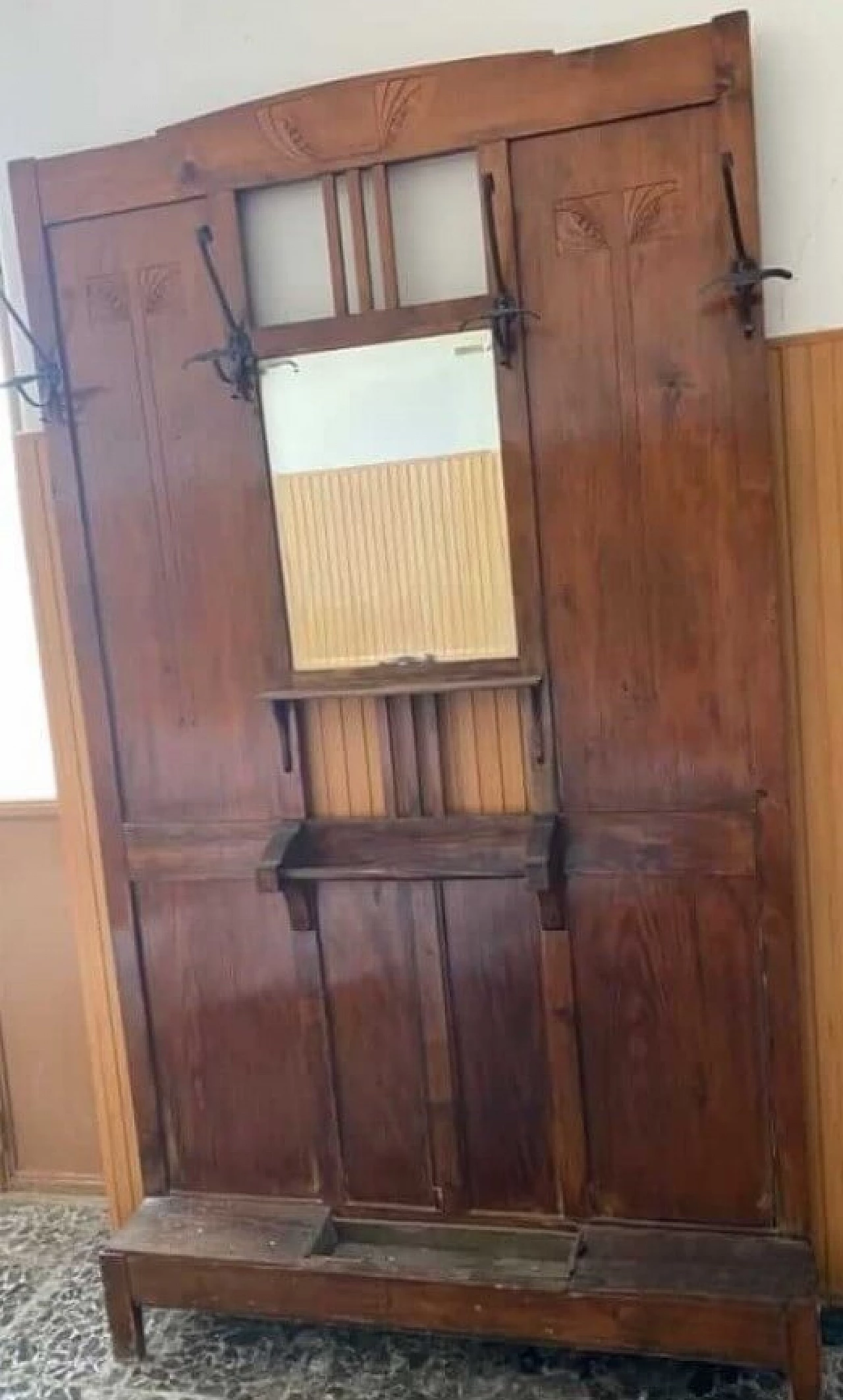 Cherry wood coat rack with mirror, 1930s 6