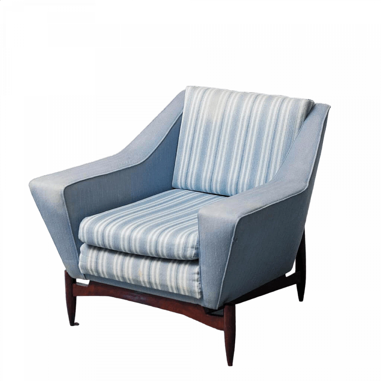 Wood and blue fabric armchair with striped seat, 1960s 13