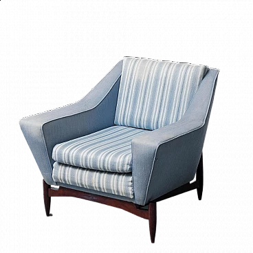 Wood and blue fabric armchair with striped seat, 1960s