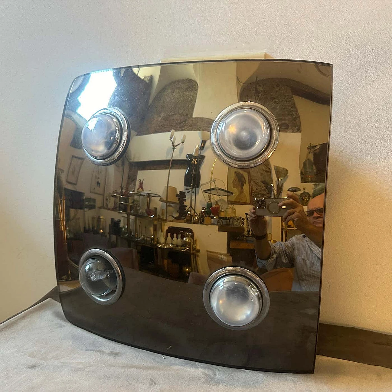 Square ceiling lamp in smoked mirrored glass by Veca, 1970s 6