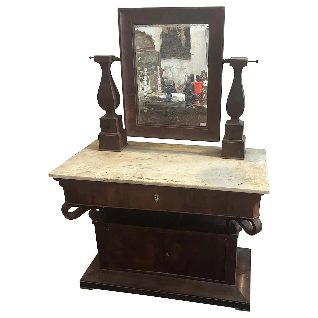 Spruce wood dressing table veneered in mahogany and marble, mid-19th century 1