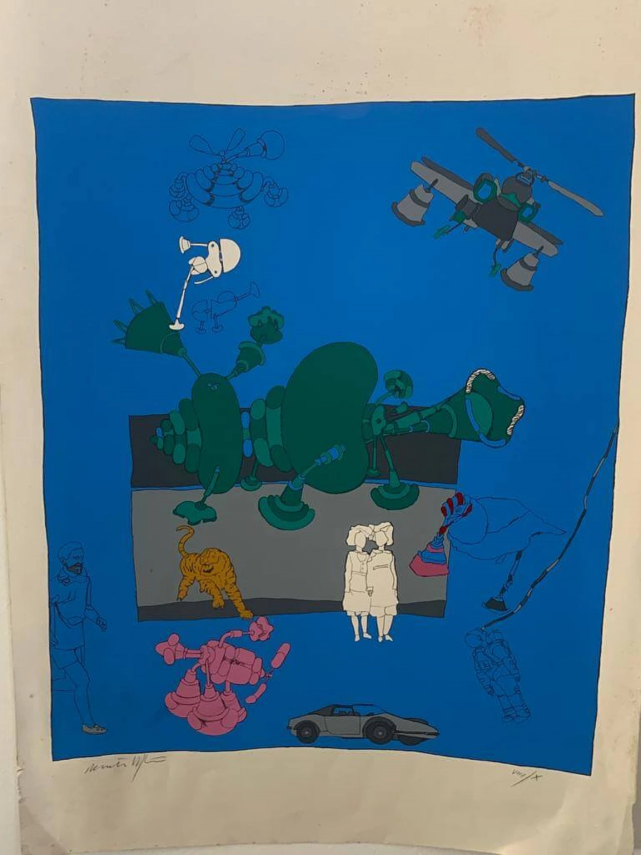 Renato Volpini, Characters and useless machines, lithograph, 1960s 2