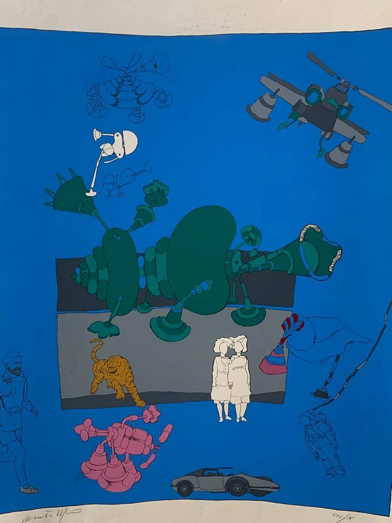 Renato Volpini, Characters and useless machines, lithograph, 1960s 3