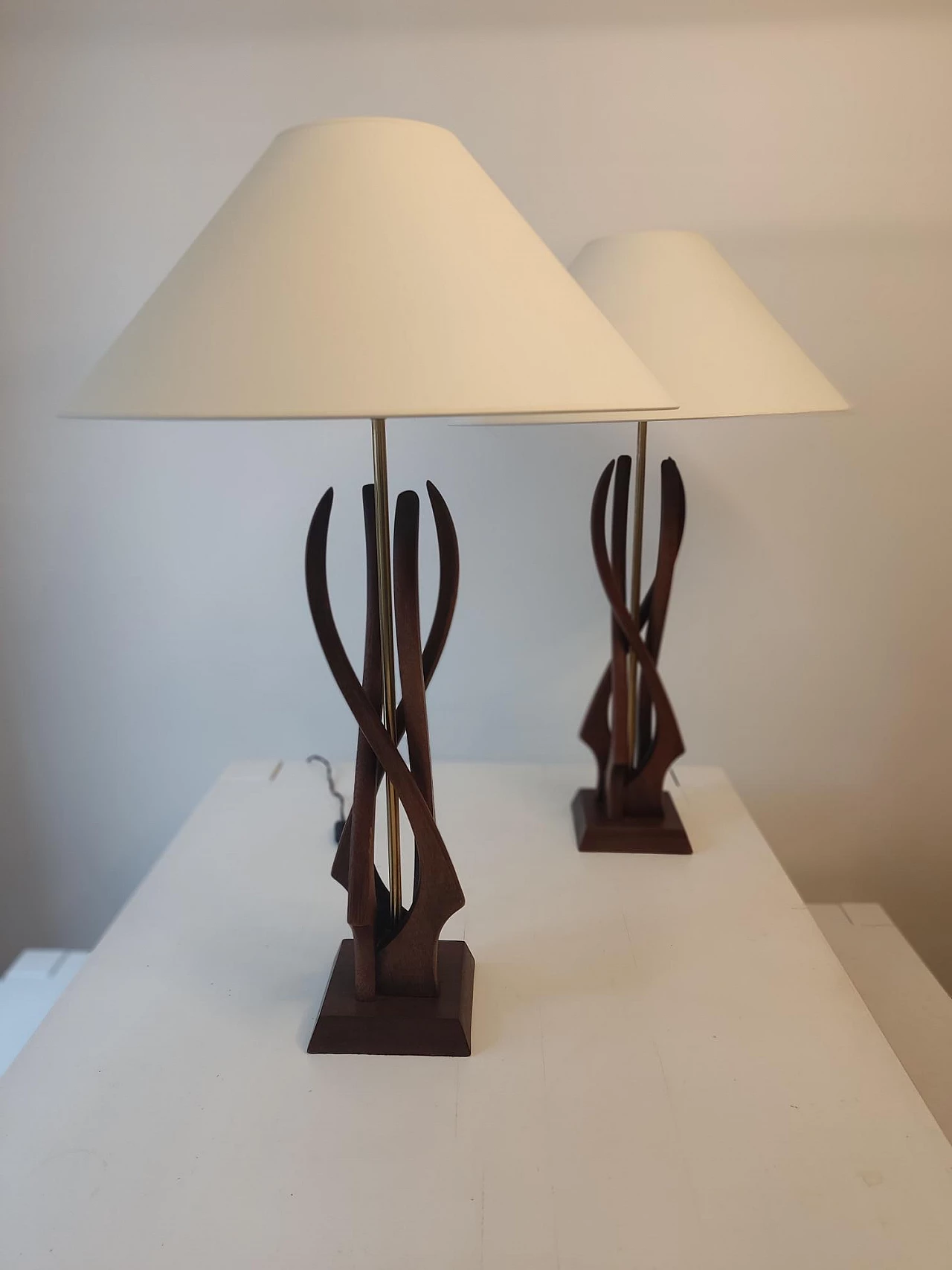 Pair of organic table lamps with walnut base, 1960s 13