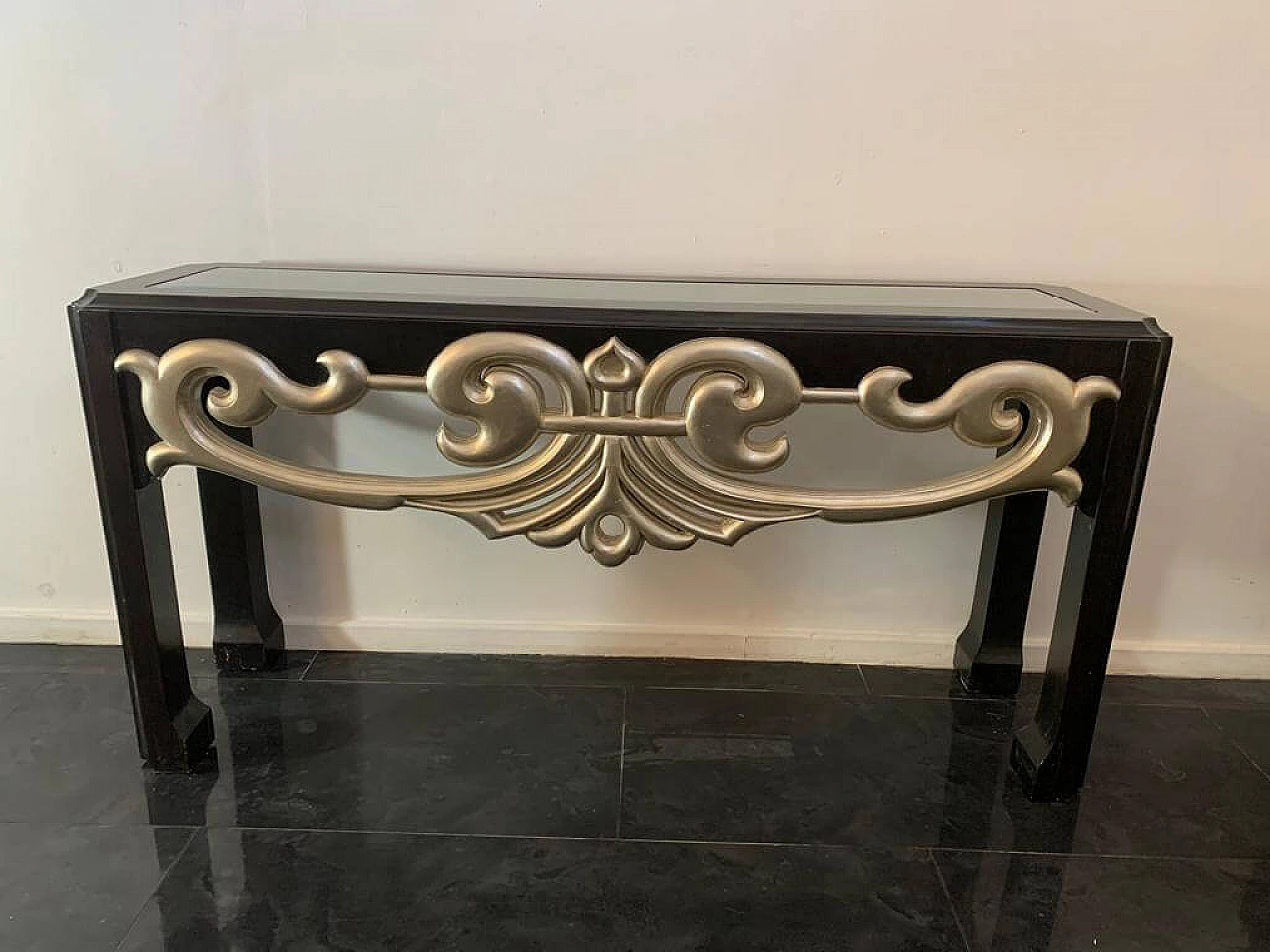 Silver and black lacquered wood console, 1980s 2