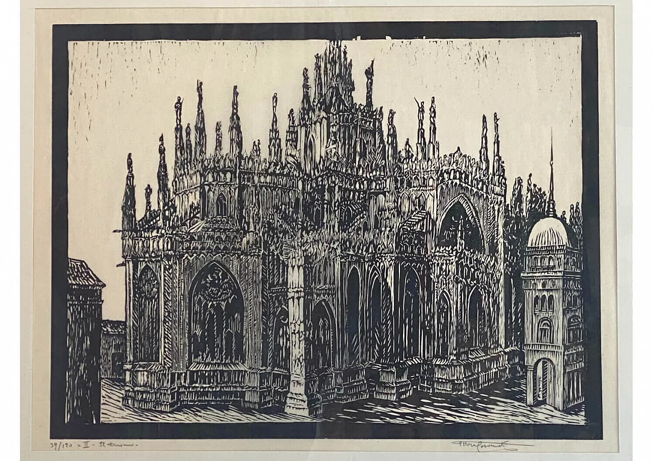 Ettore Cosomati, The Cathedral, woodcut on light transparent ivory paper 1