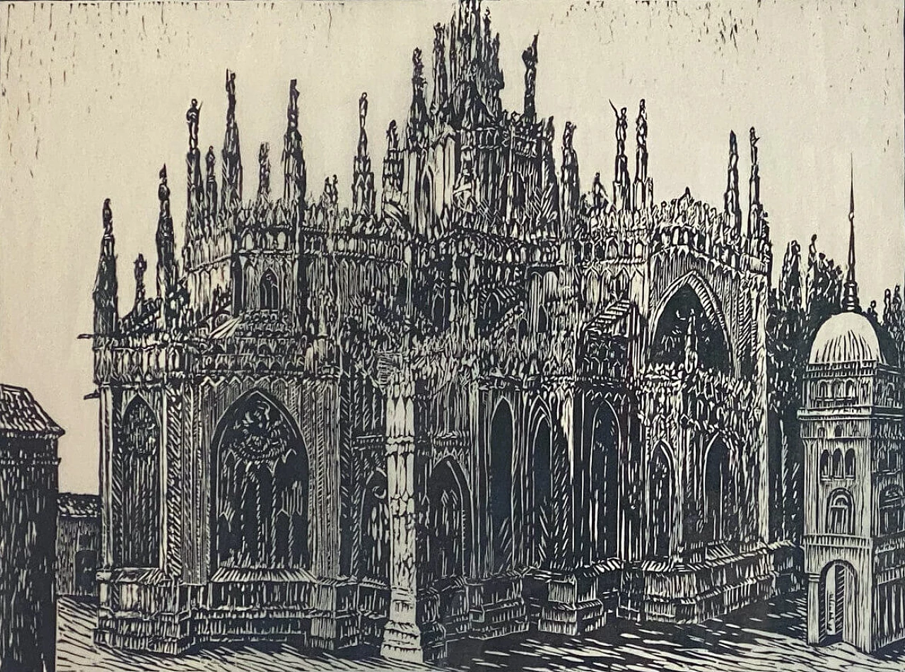 Ettore Cosomati, The Cathedral, woodcut on light transparent ivory paper 2