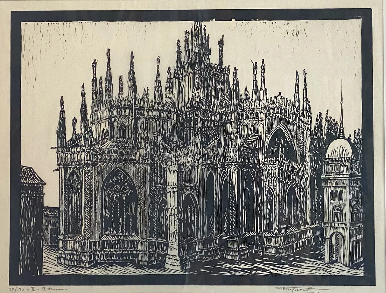 Ettore Cosomati, The Cathedral, woodcut on light transparent ivory paper 3