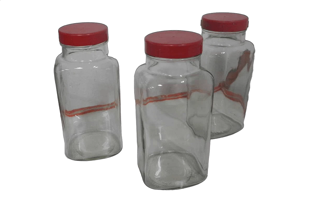 3 Glass store jars with red plastic caps, 1970s 7