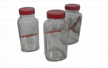 3 Glass store jars with red plastic caps, 1970s