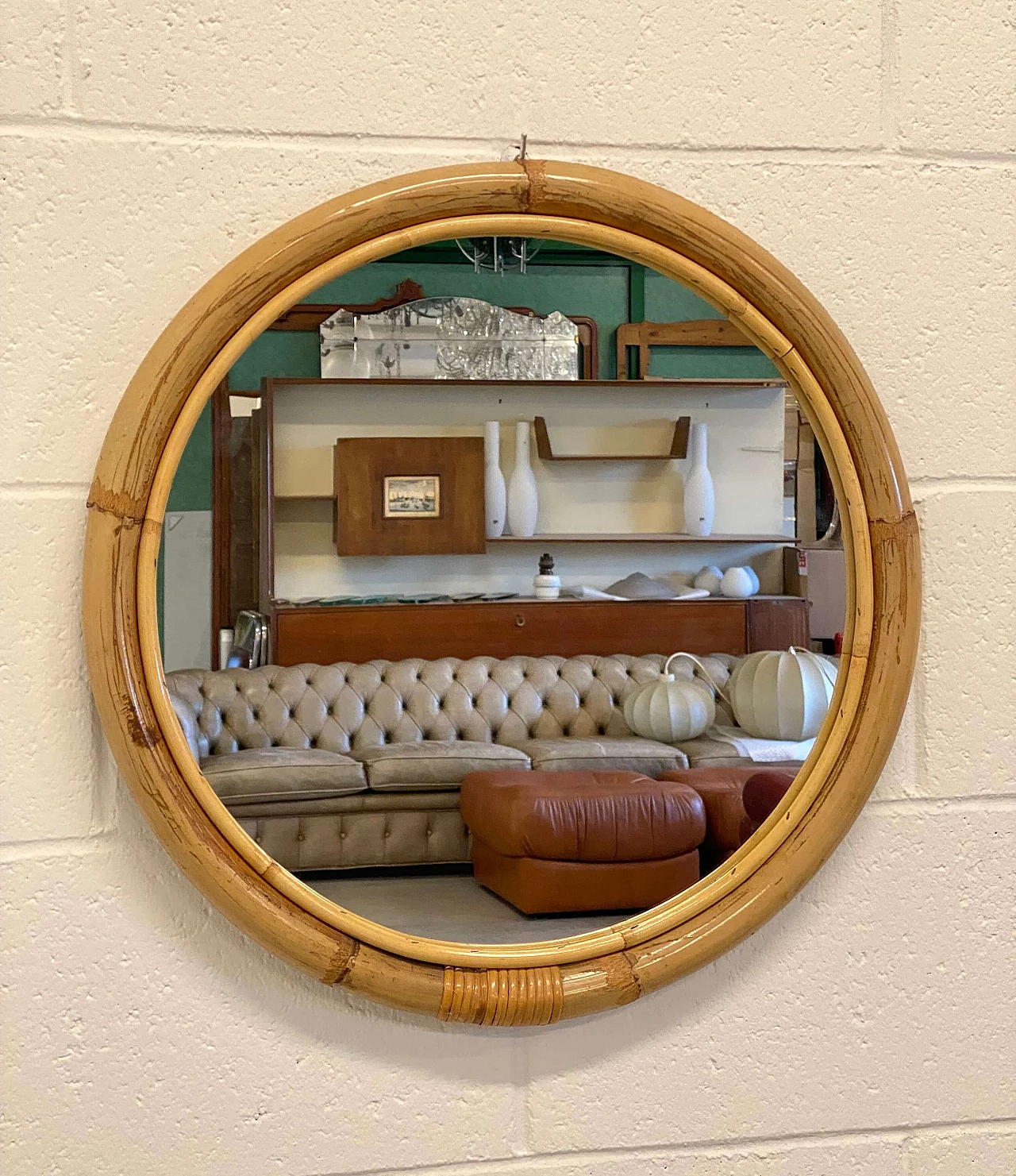 Specchio tondo in vimini e bambù, anni '70 3