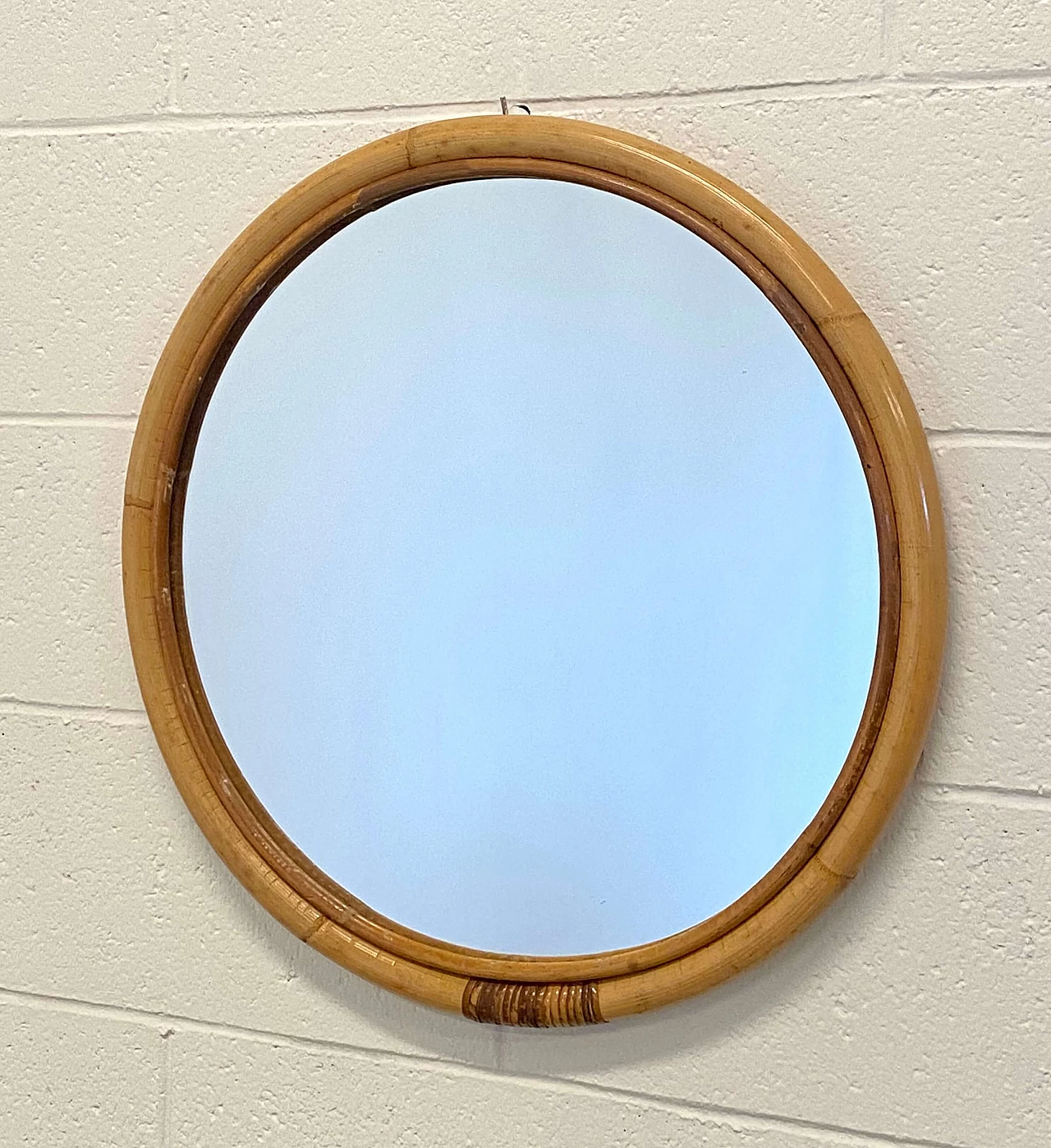 Specchio rotondo in vimini e bambù, anni '70 1