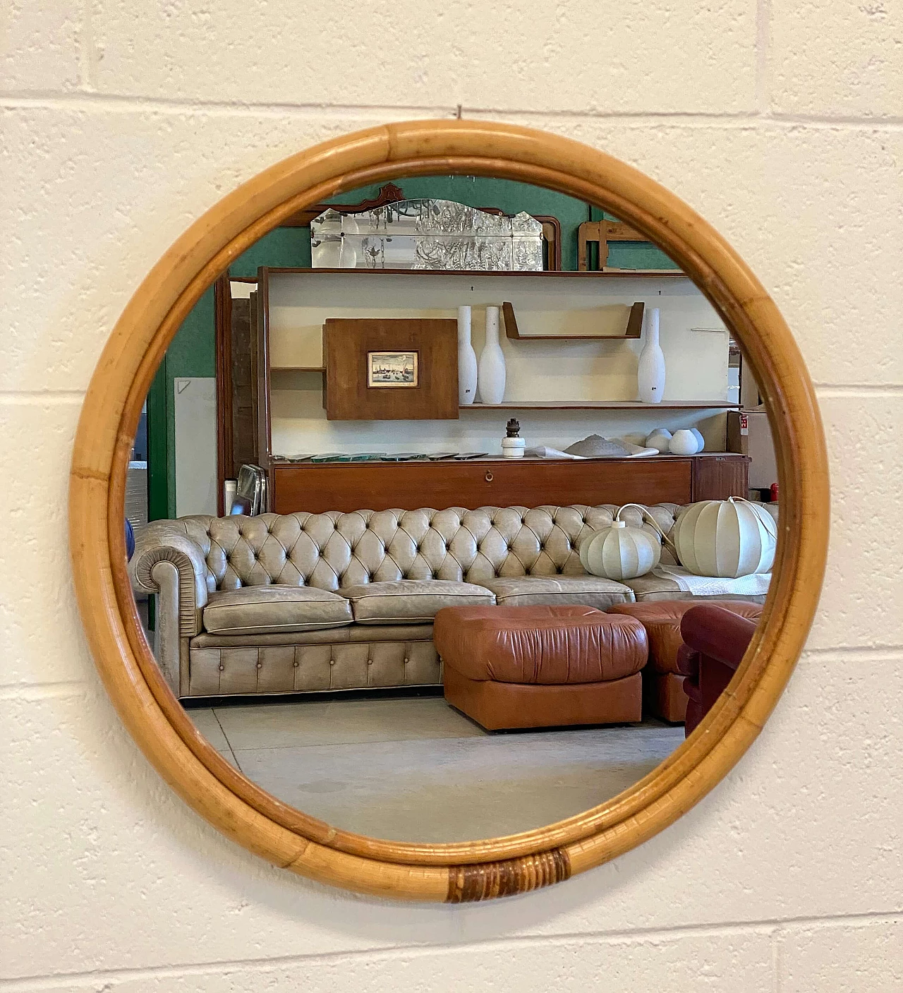 Specchio rotondo in vimini e bambù, anni '70 2