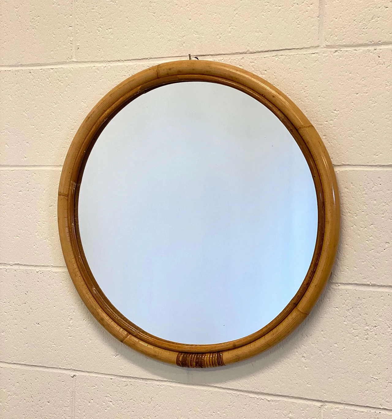 Wicker and bamboo round mirror, 1970s 3