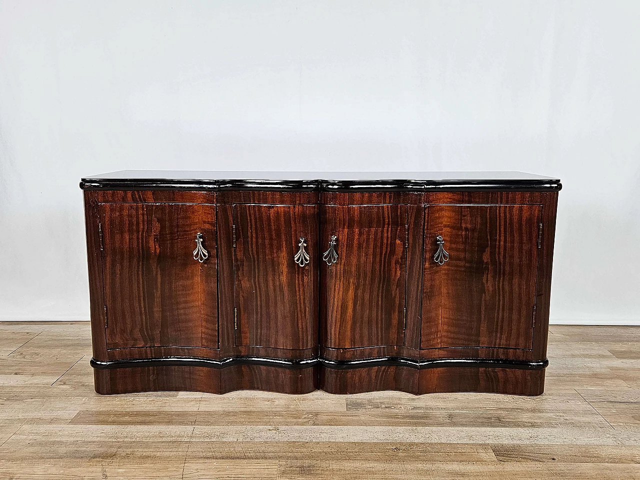 Art Deco mahogany-root and black glass sideboard, 1950s 1