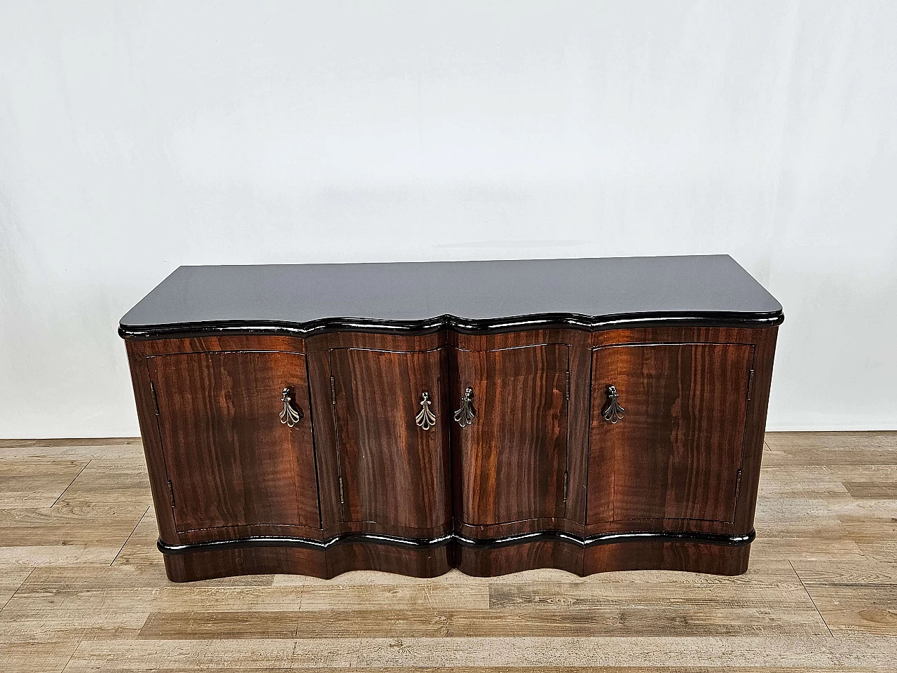 Art Deco mahogany-root and black glass sideboard, 1950s 2