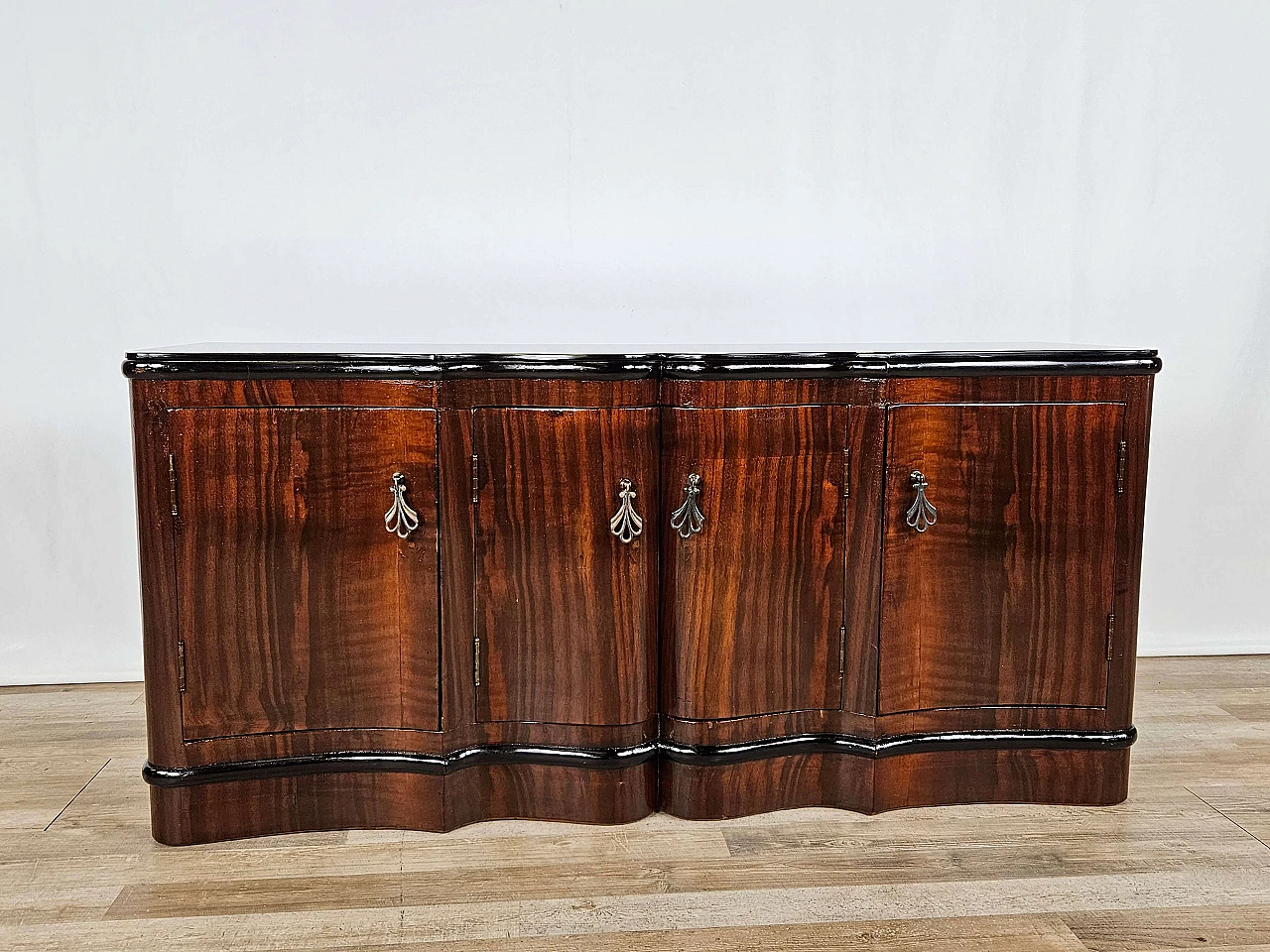 Art Deco mahogany-root and black glass sideboard, 1950s 3
