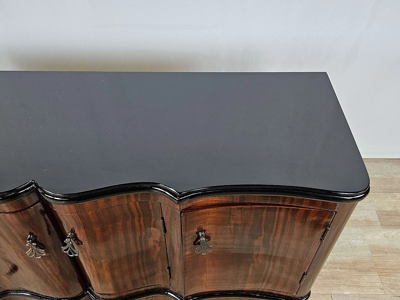 Art Deco mahogany-root and black glass sideboard, 1950s 9