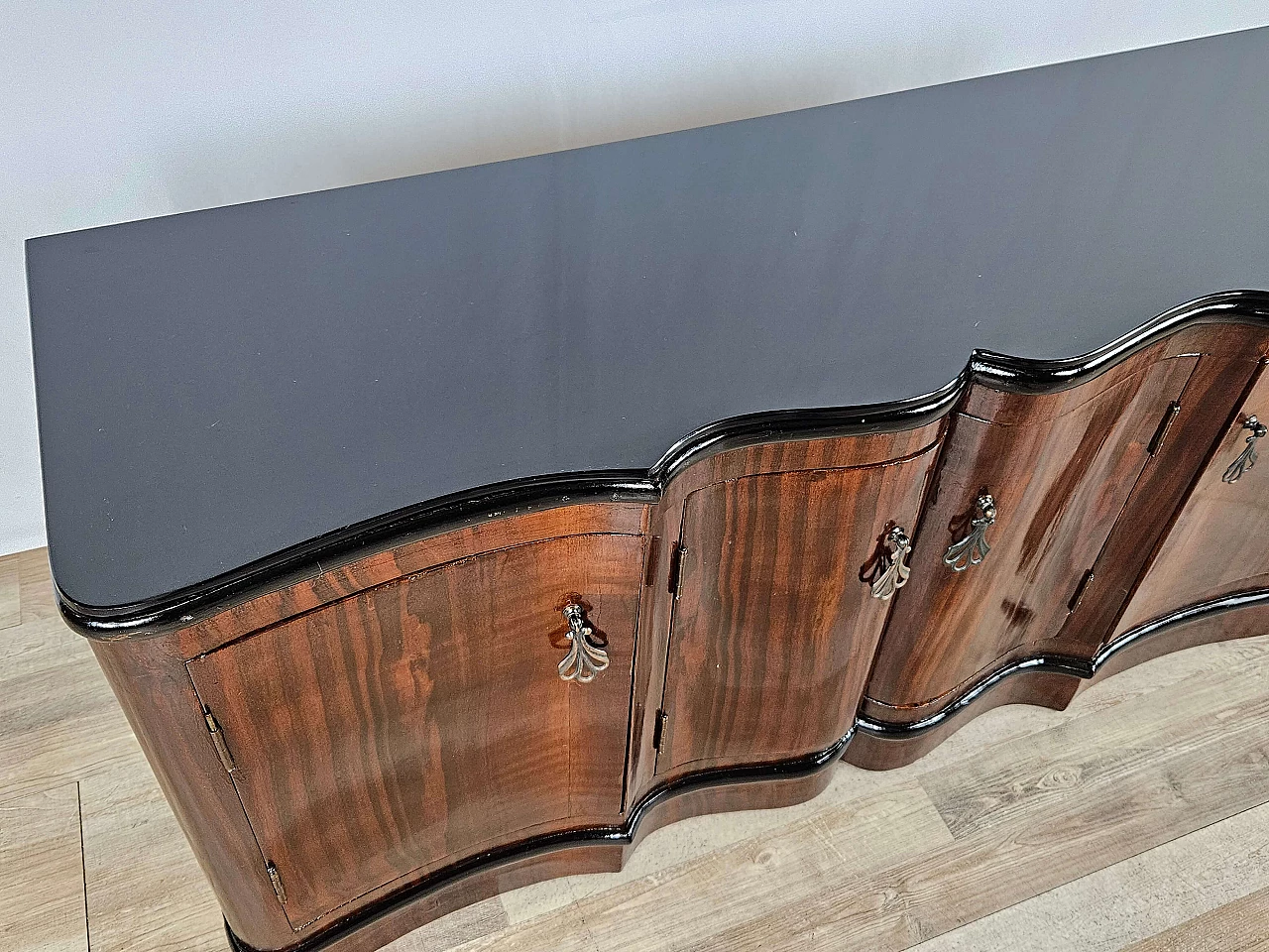 Art Deco mahogany-root and black glass sideboard, 1950s 10