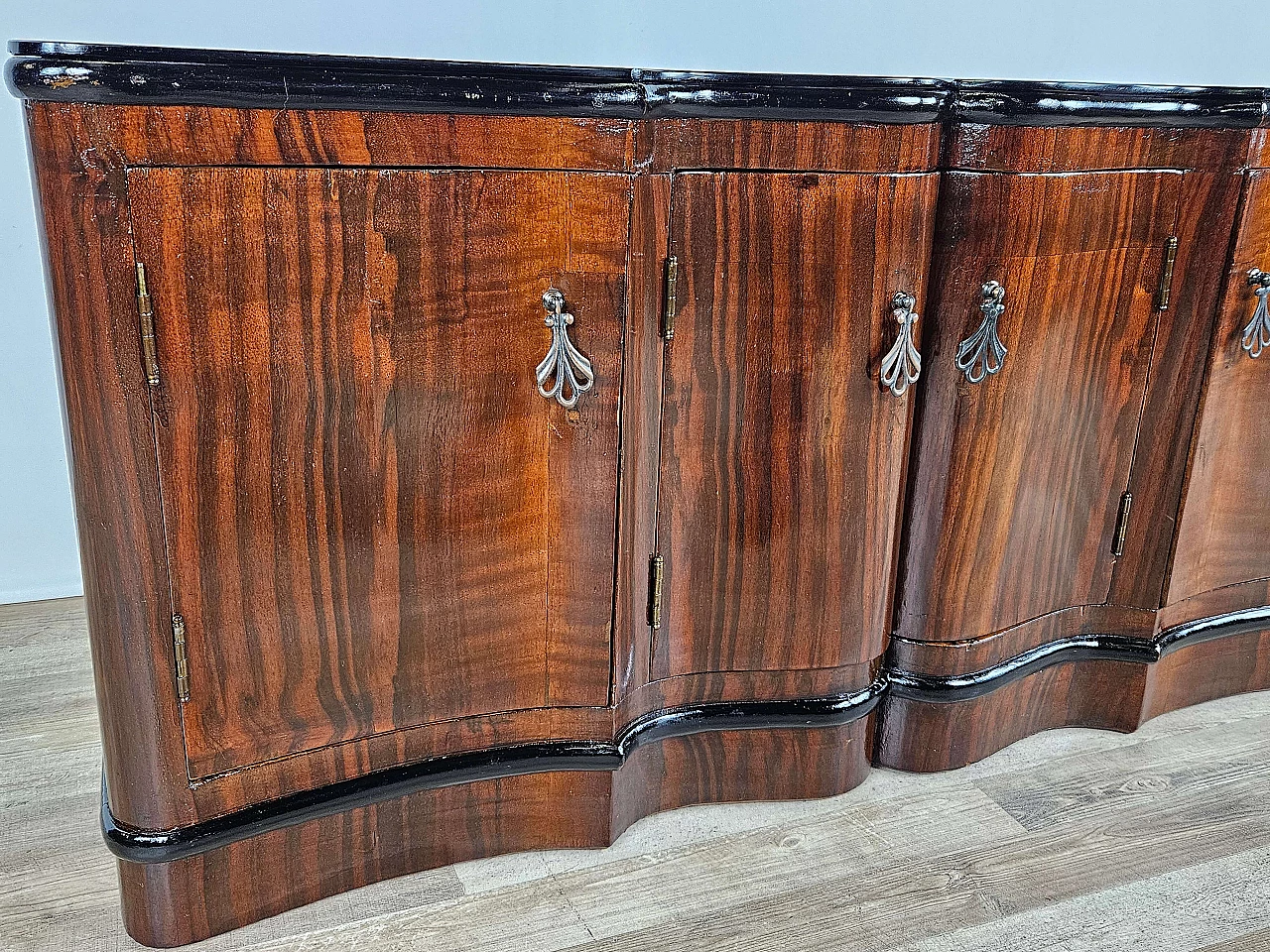Art Deco mahogany-root and black glass sideboard, 1950s 11