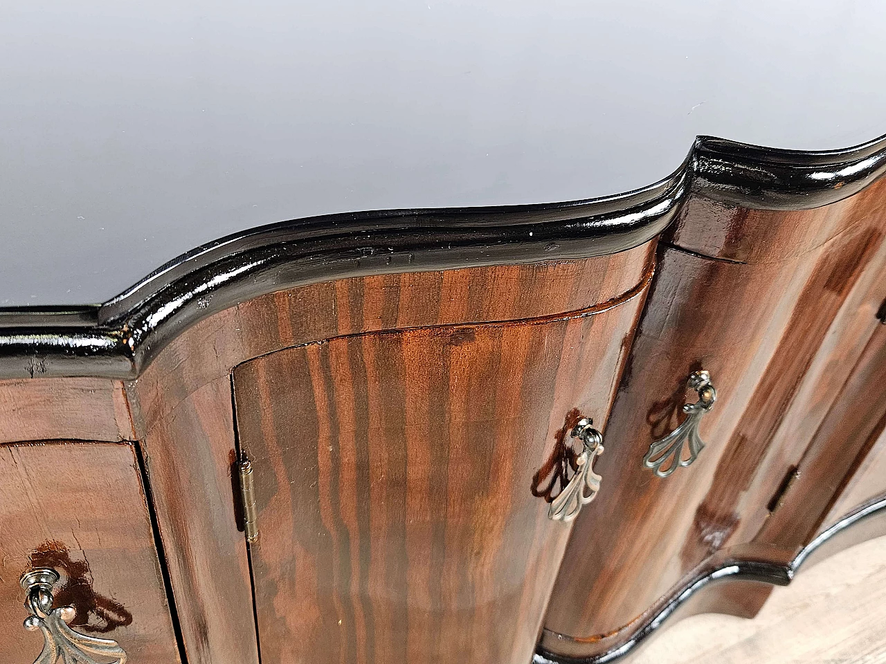 Art Deco mahogany-root and black glass sideboard, 1950s 15