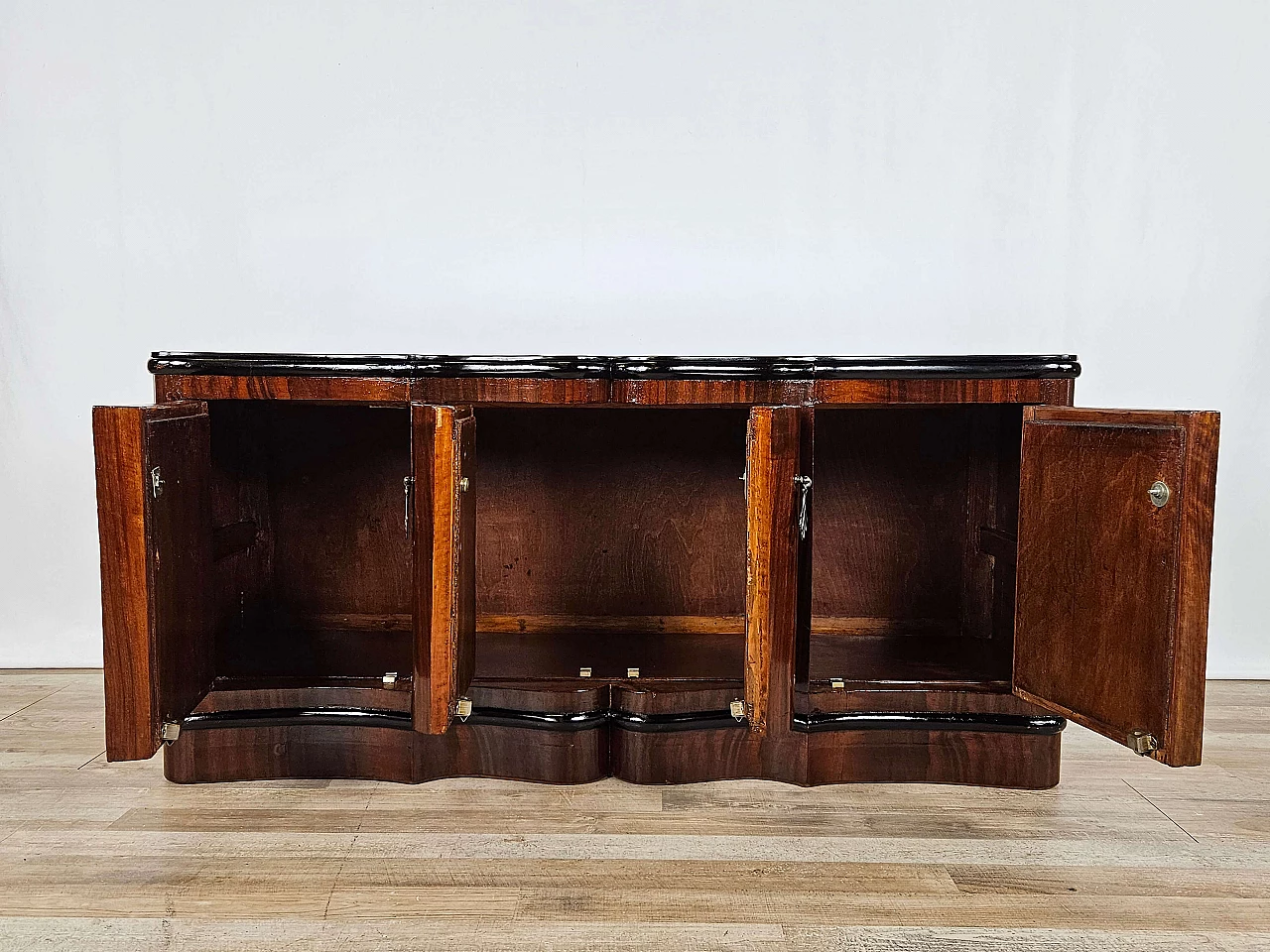 Art Deco mahogany-root and black glass sideboard, 1950s 22