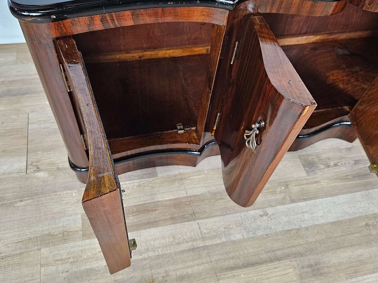 Art Deco mahogany-root and black glass sideboard, 1950s 23