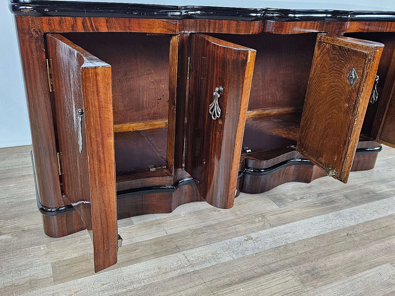 Art Deco mahogany-root and black glass sideboard, 1950s 24