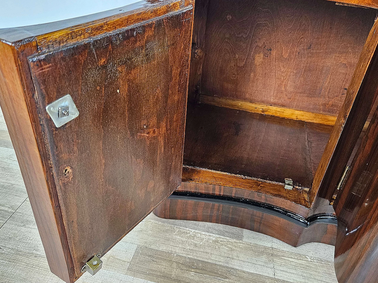 Art Deco mahogany-root and black glass sideboard, 1950s 25