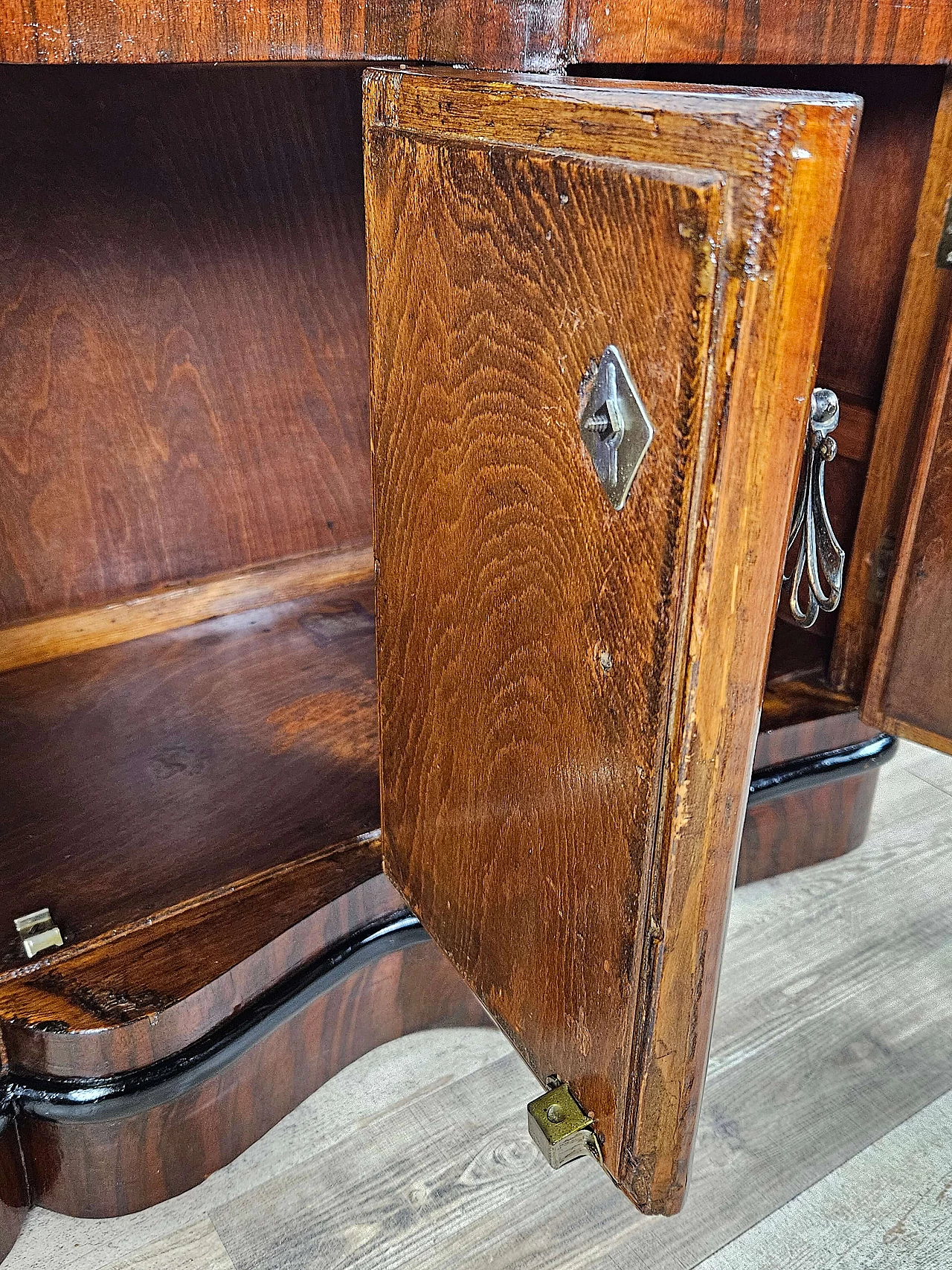 Art Deco mahogany-root and black glass sideboard, 1950s 30