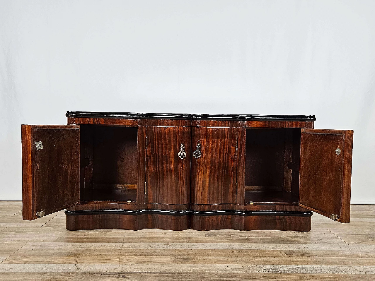 Art Deco mahogany-root and black glass sideboard, 1950s 34