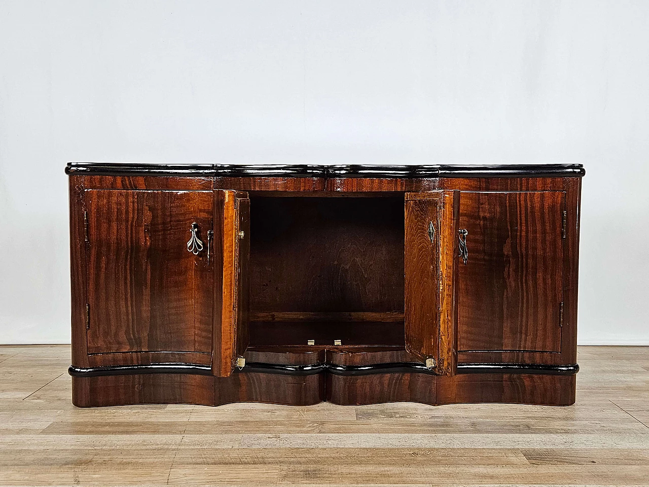 Art Deco mahogany-root and black glass sideboard, 1950s 35