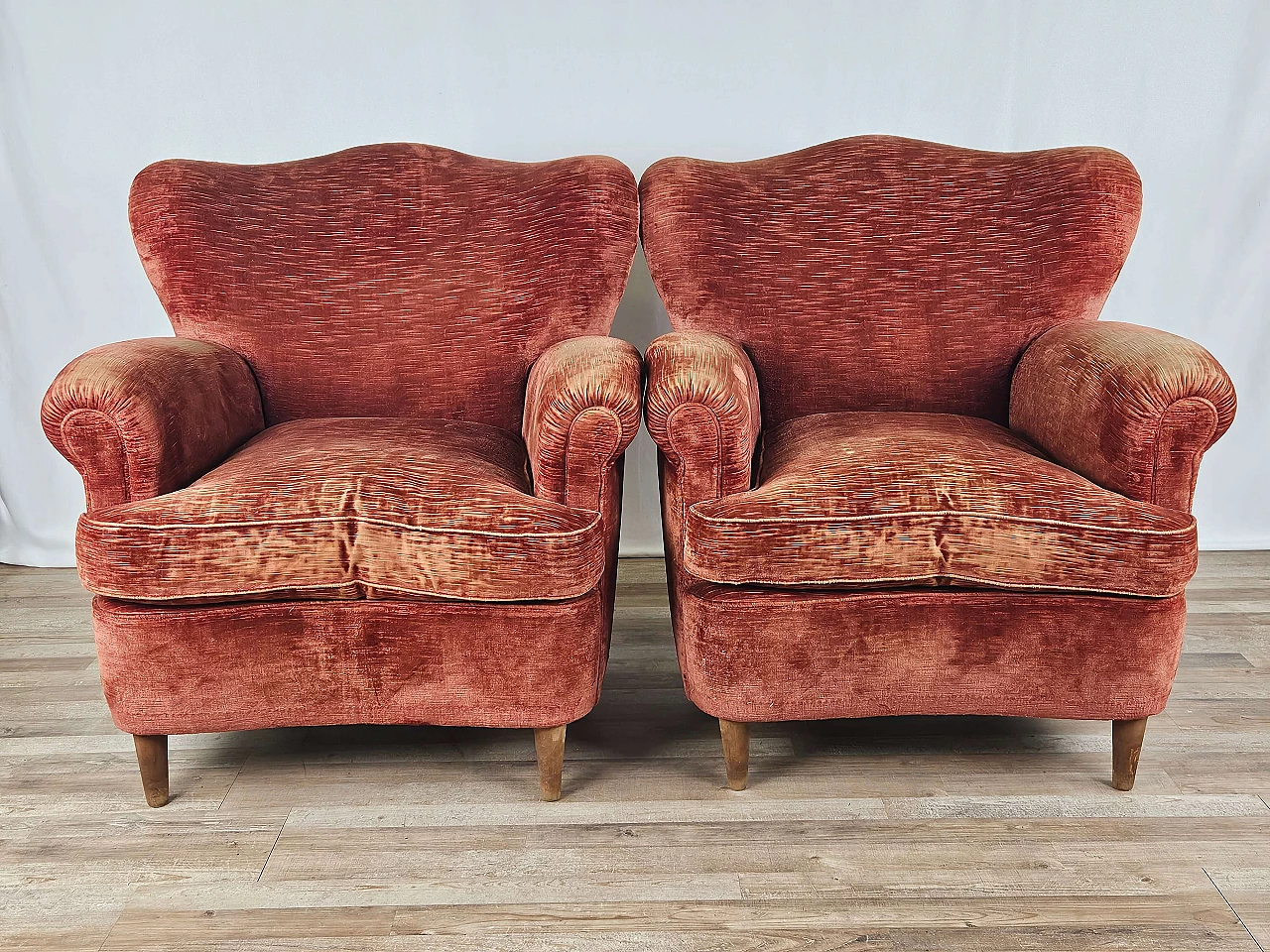 Pair of wood and red fabric armchairs, 1950s 2